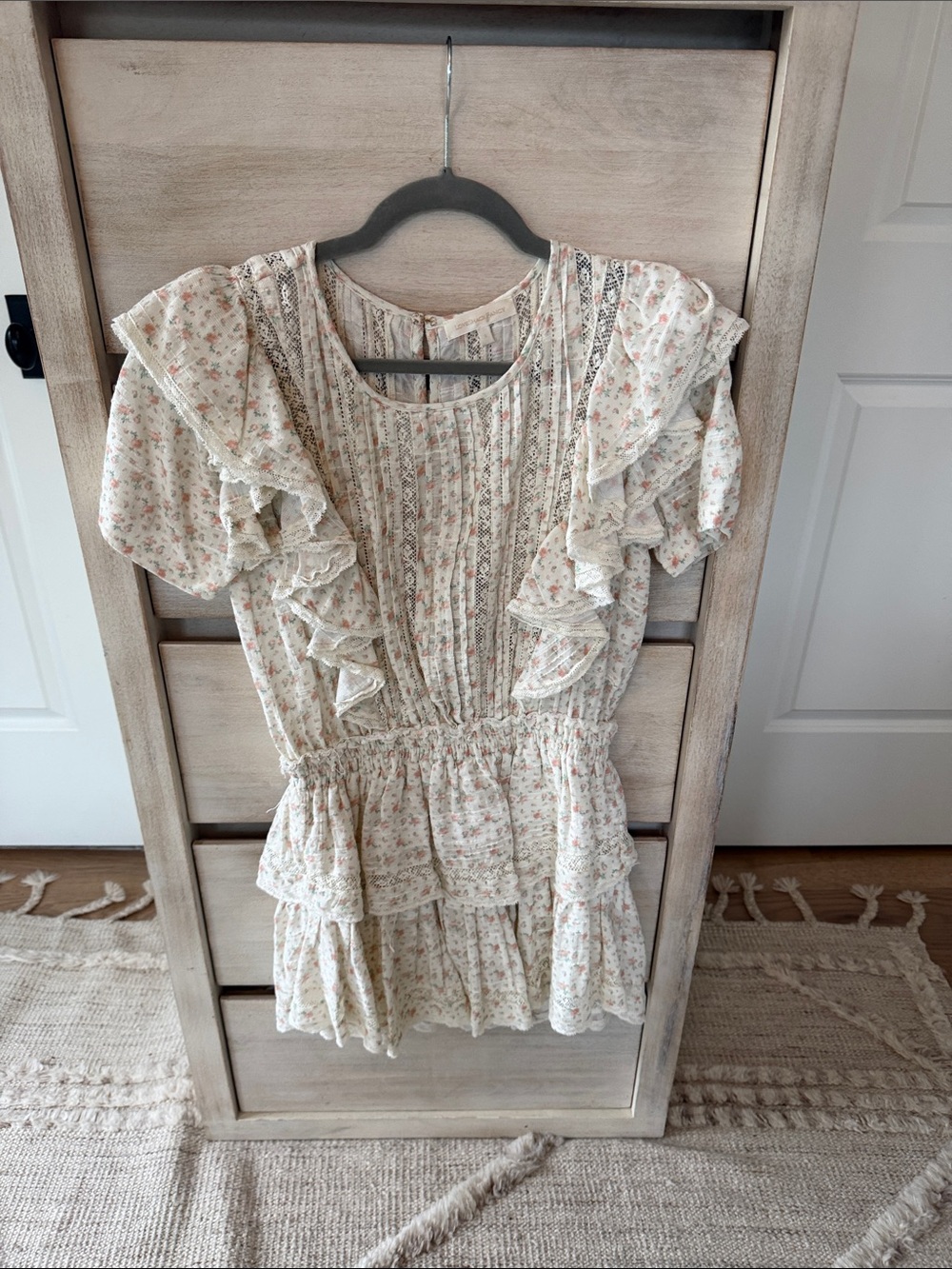 LoveShackFancy Cream Floral Ruffle Peplum Top